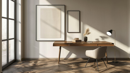 Stylish workspace with a wooden desk, chair, table lamp, and abstract objects. Serene atmosphere with neutral tones and light, featuring empty frames and herringbone flooring.
