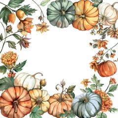 Watercolor floral autumn border with pumpkins and foliage surrounding a blank space, perfect for seasonal designs and greetings.