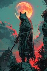 Fototapeta premium Lone Wolf Warrior Under the Blood Moon