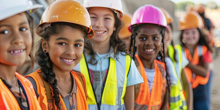 kid girls of different races in safety vests working on construction site, 