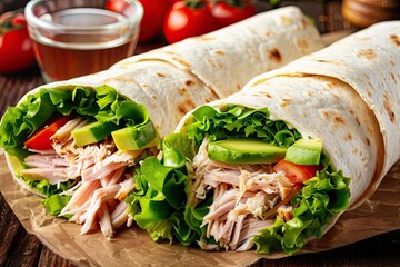 Delicious chicken wraps filled with fresh vegetables and avocado, served on a rustic wooden table with a side of dipping sauce.