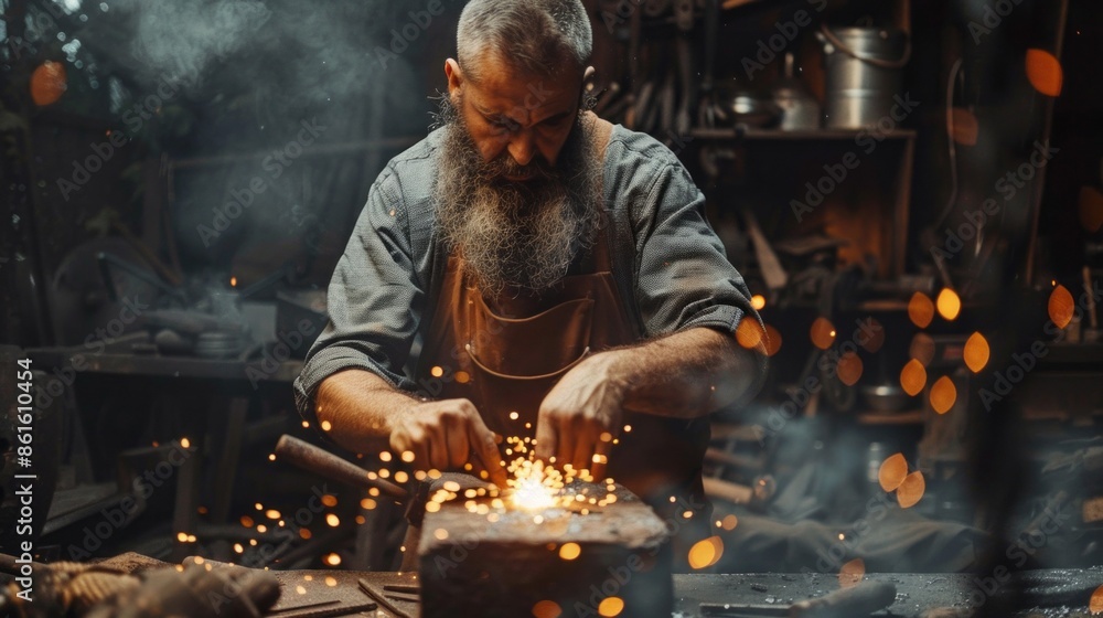 Poster a man with a beard is working on a piece of metal in a workshop