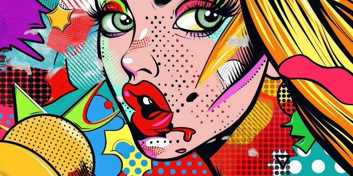 Fototapeta Pop Art Comic Characters Whimsical abstract background with stylized pop art comic characters, bold outlines, and vibrant color blocks. 