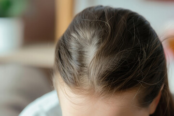 Fototapeta premium A close-up view of a person with parted brown hair, showcasing the natural texture and subtle color variations of the hair strands.