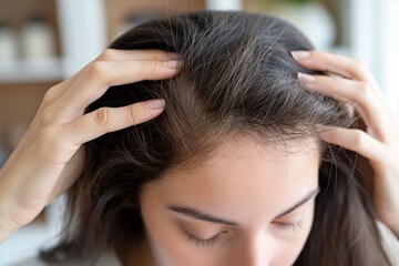 Fototapeta premium A person is closely inspecting their gray hair, indicating attention to aging, hair health, or stress-related changes.