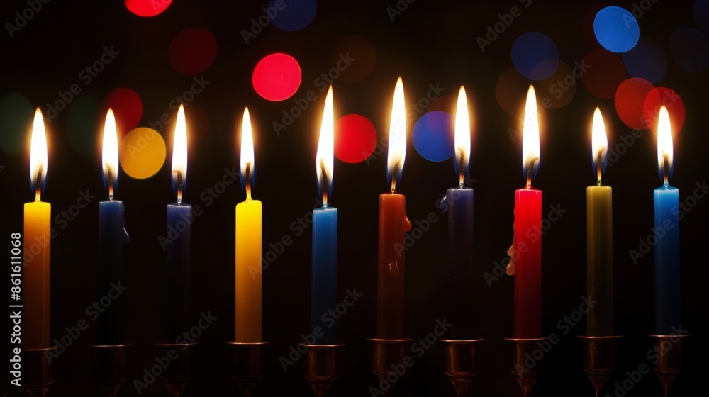 Aufkleber a set of colorful candles glowing brightly with a backdrop of bokeh lights, creating a festive and w