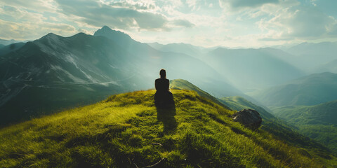 An individual sits solitary on a mountain peak gazing at the sunrise, symbolizing tranquility, reflection, and the vastness of nature.