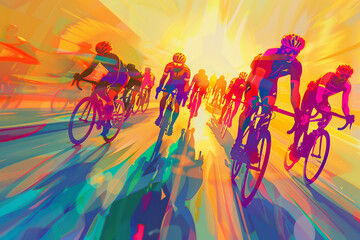 Fototapeta premium Colorful abstract artwork of professional cyclists in a race. Vibrant depiction of racing cyclists.