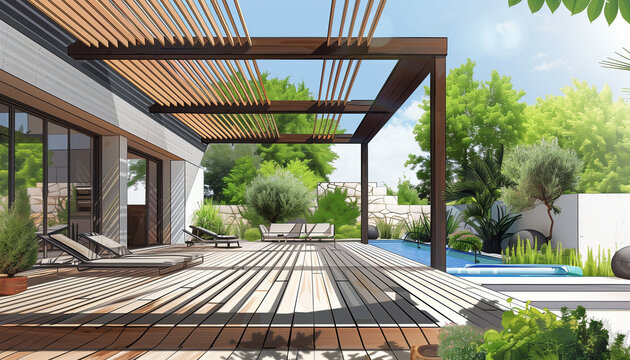 Projet de construction d'une v&eacute;randa ou pergola bioclimatique pour une maison d'habitation moderne blanche avec piscine
