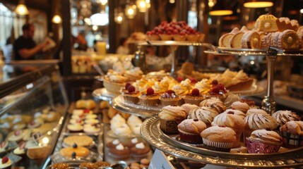 Fototapeta premium The cafÃ©s counter is adorned with a variety of pastries and desserts tempting those with a sweet tooth.