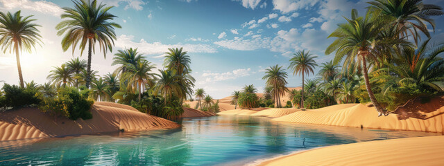 Fototapeta premium A surreal desert oasis, with lush palm trees and sparkling pools of water surrounded by endless stretches of arid sand