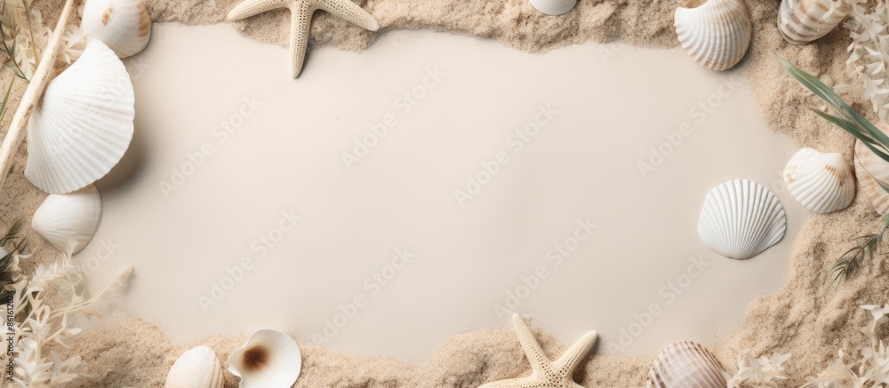 Wall mural monochromatic off-white flat lay with a sand frame adorned with eucalyptus, seashells, and a starfis - Wall murals