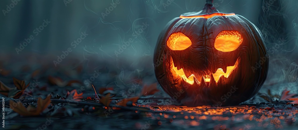Poster a scary pumpkin lantern with evil grin for halloween. copy space image. place for adding text or des