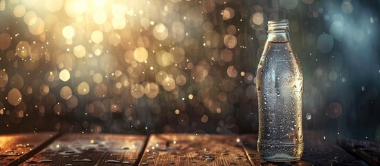 Droplets adorn a mineral water glass bottle on a wooden table with copy space image, emphasizing a single concept with selective focus.