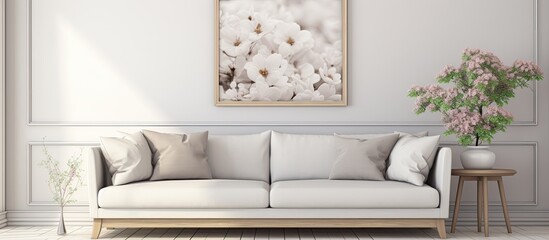 A real photo of a white living room interior featuring flowers on a wooden table and a grey settee, with available copy space image.