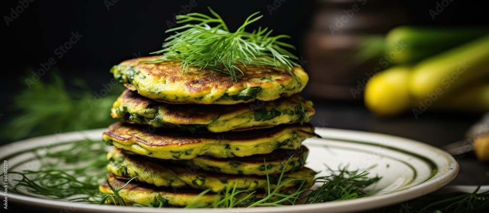 Poster zucchini pancakes stacked on a white plate with herbs, showcasing selective soft focus. ideal for te