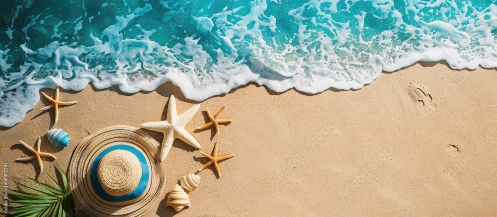 Poster aerial view of beach items with copy space image on sandy shore