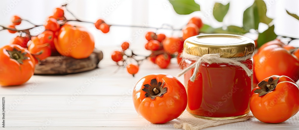 Poster persimmon jam in a glass jar and fresh fruit on a white wooden table with ample copy space image.