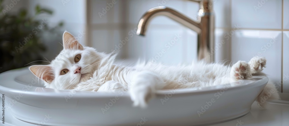 Poster White cat lies in the sink in the bathroom. with copy space image. Place for adding text or design