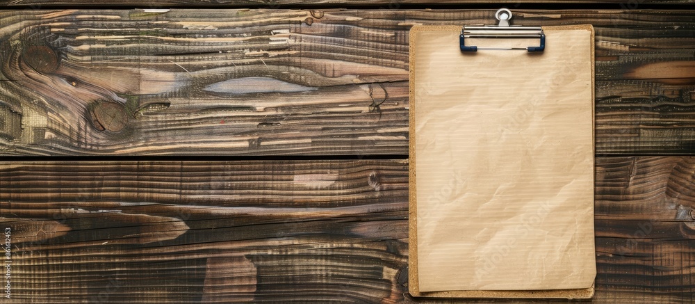 Poster wooden background with a blank clipboard for copy space image.