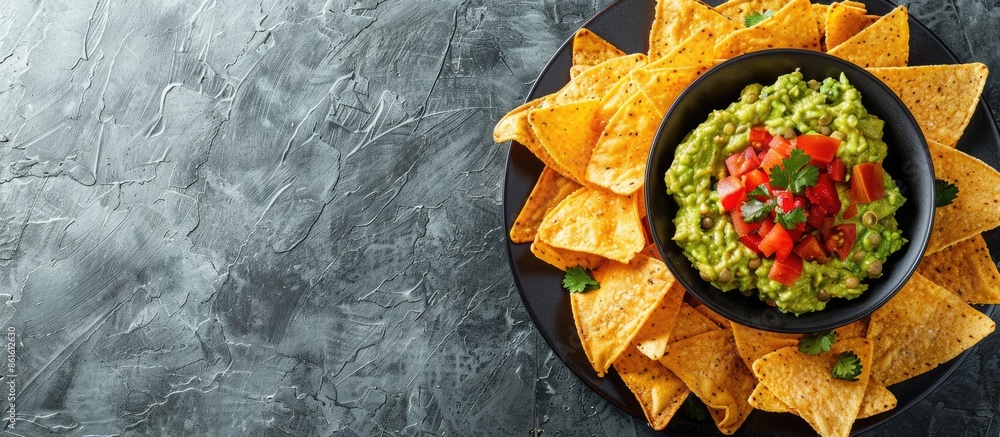 Aufkleber Top-down view of Mexican nachos served with guacamole on a textured gray surface for a captivating image with space for additional content.