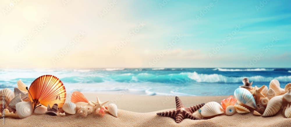 Aufkleber summer beach background with sea shells and butterfly on sand, creating a picturesque scene with cop