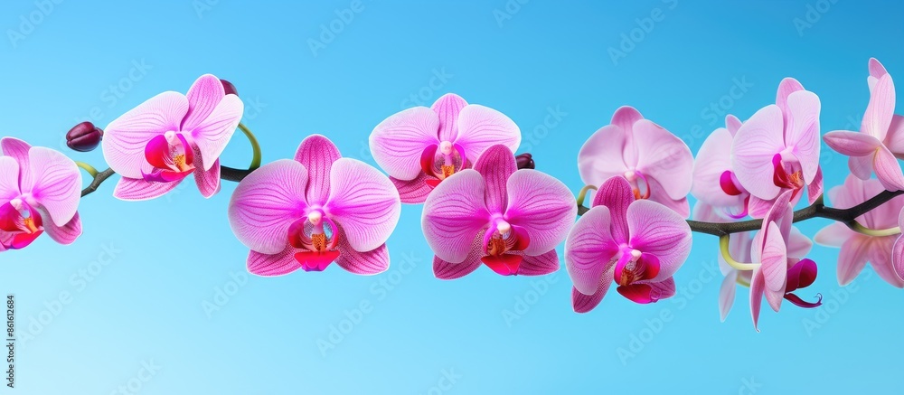 Poster A pink Phalaenopsis or Moth dendrobium Orchid flower is isolated in a tropical garden on a blue background. The image offers copy space for adding text related to agricultural design concepts.