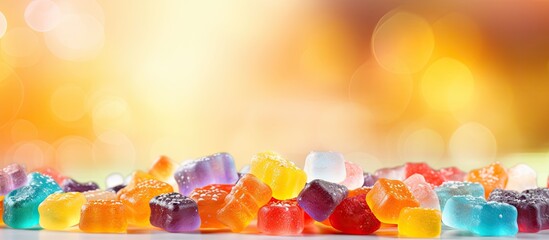 Vibrant jelly candies on sugary background for confectionery wallpaper concept with copy space image and shallow focus in close-up view.