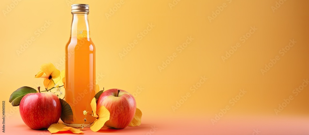 Poster apple cider bottle on colorful background with copy space image.