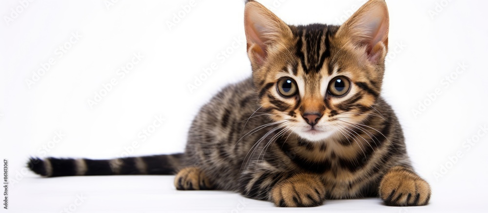 Poster a small bengal kitten with dark fur rests on a white backdrop, providing room for additional content