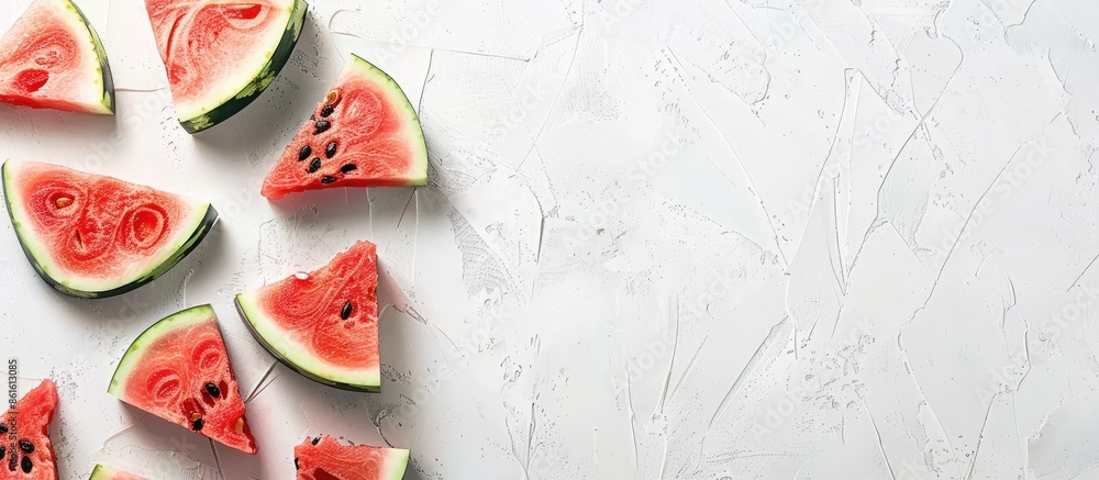Poster scandinavian-styled flat lay featuring fresh watermelon slices on a white table with copy space for 
