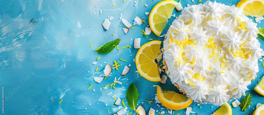 Aufkleber A homemade cake with lemon and coconut on a blue background, featuring copy space for text with a selective focus image.