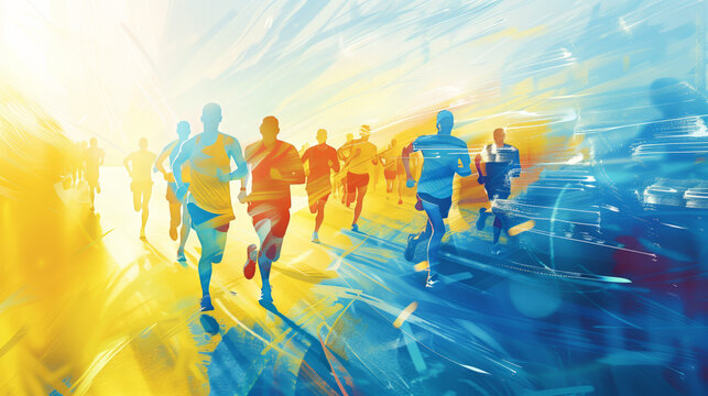 Colorful abstract artwork of people running in a marathon, blue, yellow, and white color theme. Dynamic and vibrant depiction of marathon runners in motion.