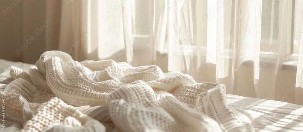 Poster The used white blanket is placed on the bed. with copy space image. Place for adding text or design