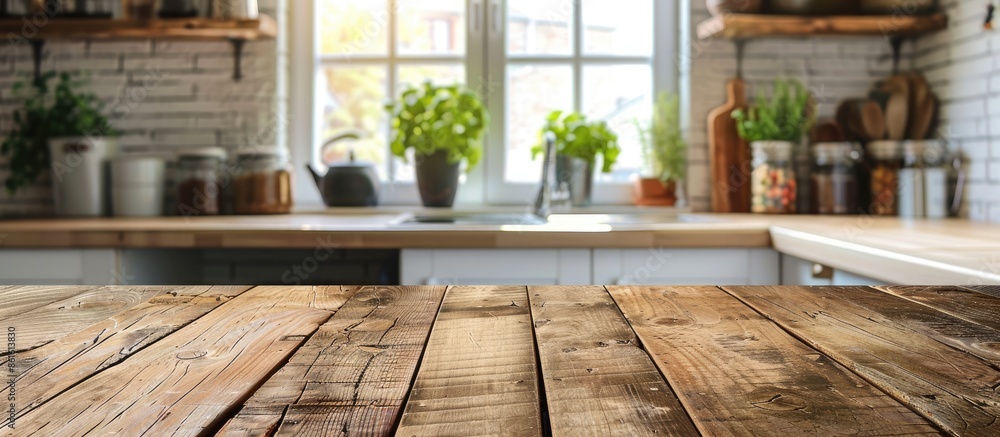 Poster copy space image featuring a wooden tabletop against a blurred kitchen backdrop, ideal for showcasin