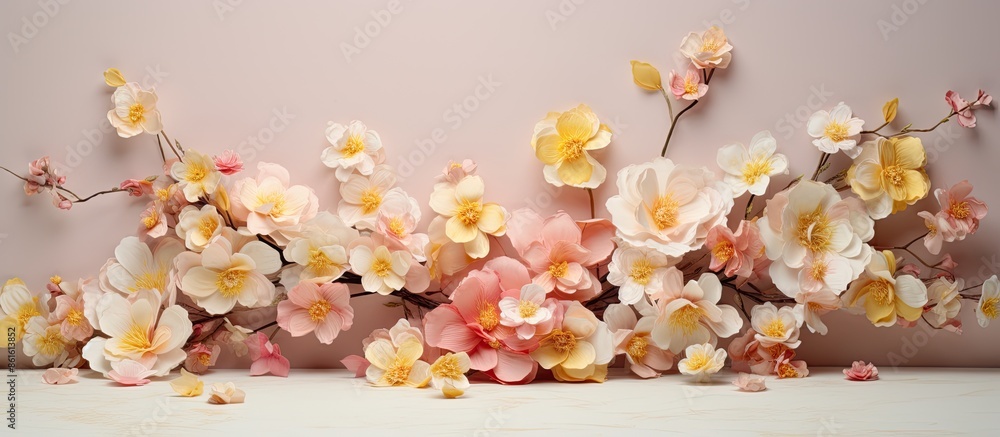 Poster an appealing display with pink and yellow blooms set against a backdrop of white paper, creating a d
