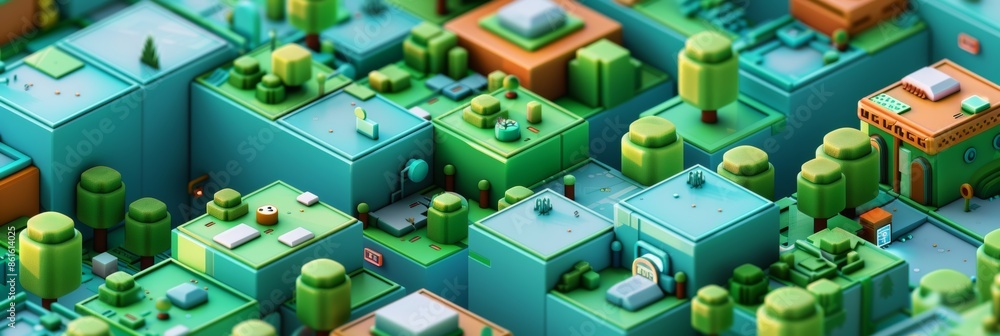 Poster an abstract depiction of an isometric computergenerated game world.