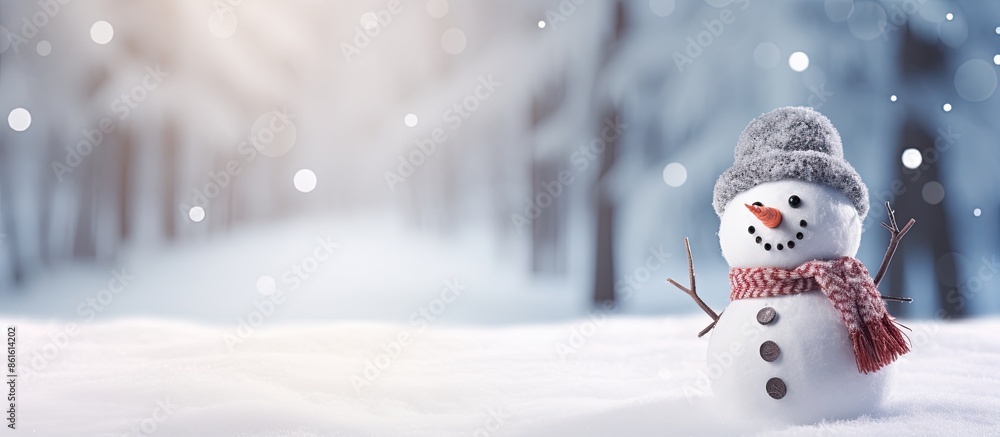 Poster snowman with a festive hat in a winter wonderland setting with copy space image.