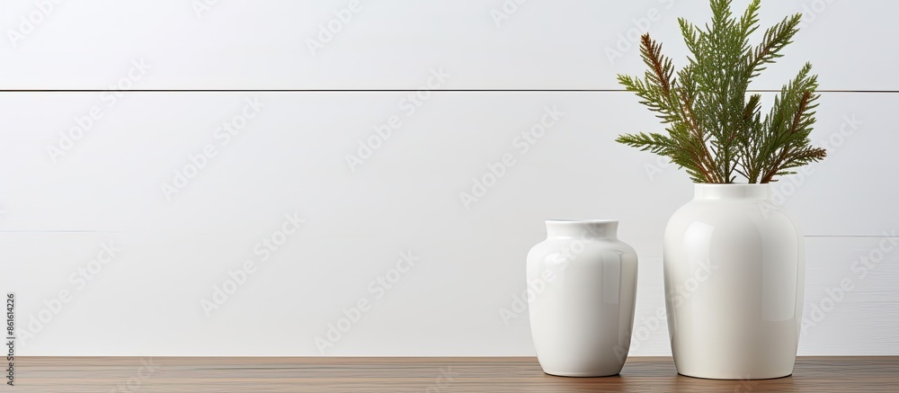 Aufkleber empty white wall mock up adorned with green fir branches in a vase on a white table, perfect for sho
