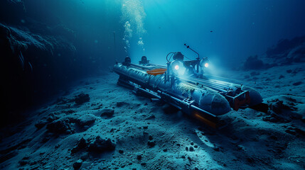 A submarine is on the ocean floor with a group of people inside. The people are wearing scuba gear and the submarine is surrounded by rocks