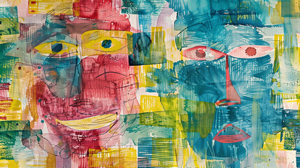 Colorful painting with expressive human faces on a textured background.