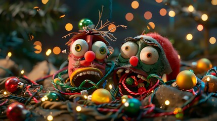 Two cartoon characters, one wearing a Santa hat, are tangled in Christmas lights.
