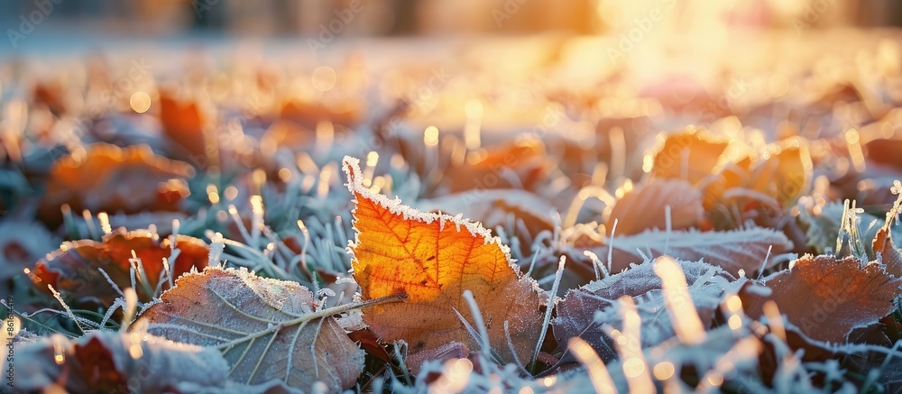 Poster winter frost covering leaves and grass creates a scenic background with ample copy space image.