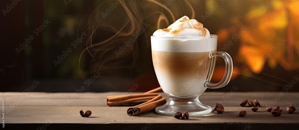 Poster Steaming latte or frothy cappuccino in a glass mug on a rustic wooden table accompanied by date fruits, offering a perfect copy space image.