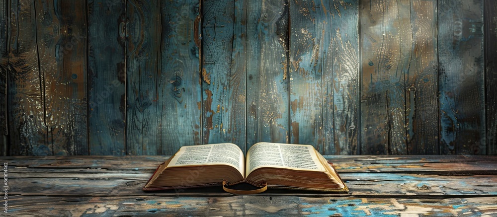 Poster An open book displayed on wooden planks against a unique light backdrop, providing room for text with a copy space image.