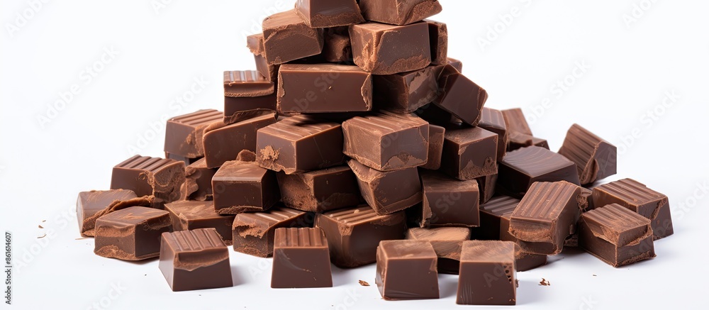 Poster a white background features chocolate cubes with copy space image available.