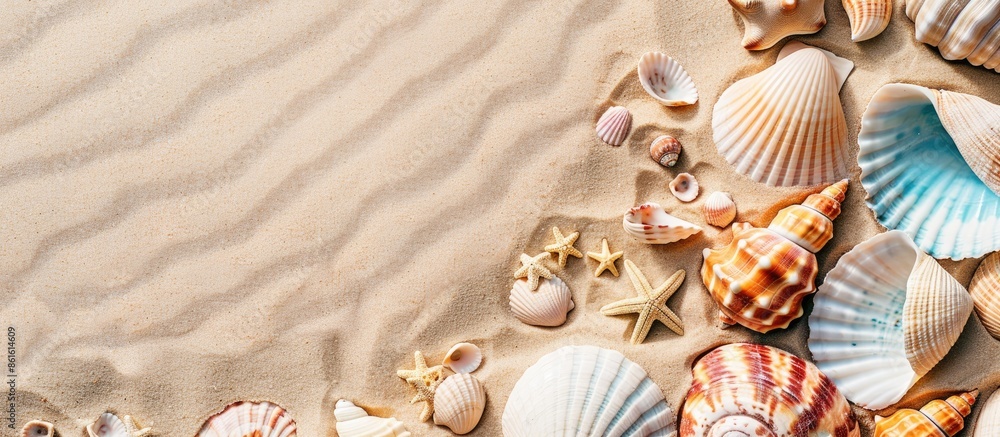 Poster summer beach scene with seashells and sand as a background, suitable for a flat lay copy space image