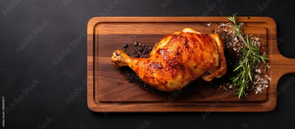 Leinwandbilder Top-down view of chicken drumstick and breast on a wooden cutting board against a black table, ideal for text placement in the image. with copy space image. Place for adding text or design