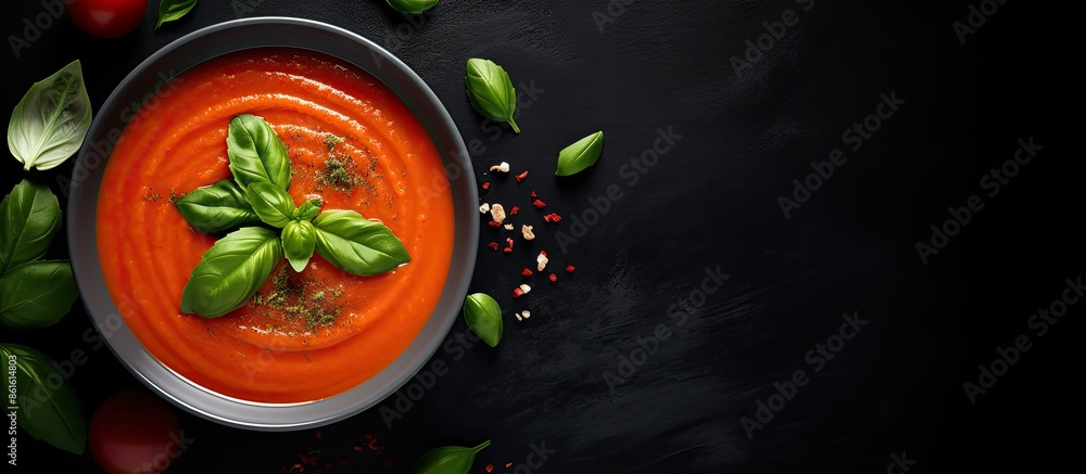 Poster top view of a bowl of tomato soup with basil against a dark background, providing ample copy space i