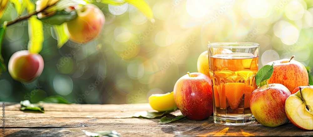 Poster Apple juice along with a variety of fruits, presented in an inviting setting with a blank space for an image. with copy space image. Place for adding text or design